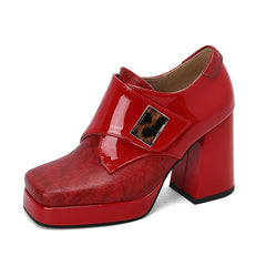 Square-toe Patent Leather Buckle Pumps Thick-soled High Heels