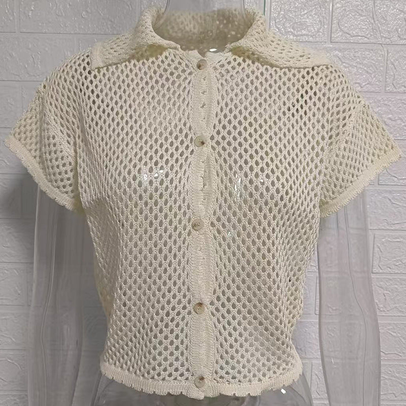 Knitted Cardigan Resort Style With A Turn-down Collar And Short Sleeves