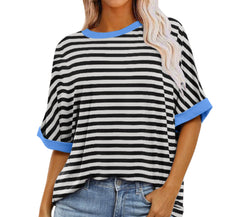 Striped Crewneck Trendy Short-sleeve Color-block Pullover
