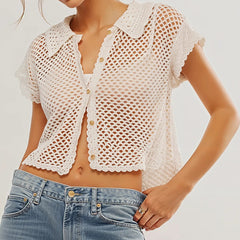Knitted Cardigan Resort Style With A Turn-down Collar And Short Sleeves