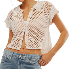 Knitted Cardigan Resort Style With A Turn-down Collar And Short Sleeves