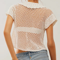 Knitted Cardigan Resort Style With A Turn-down Collar And Short Sleeves